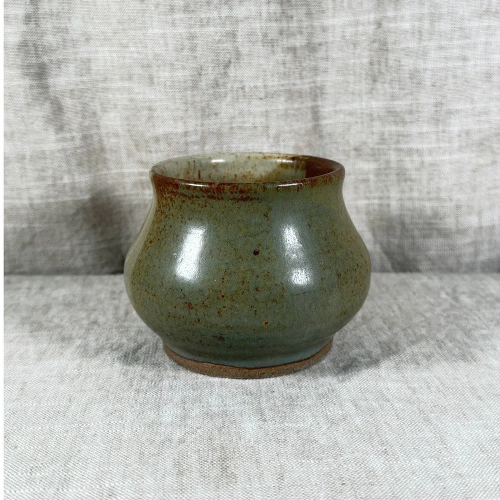 Studio Pottery Vessel Small Green Brown Vintage Good Signed Hand Thrown Ceramic